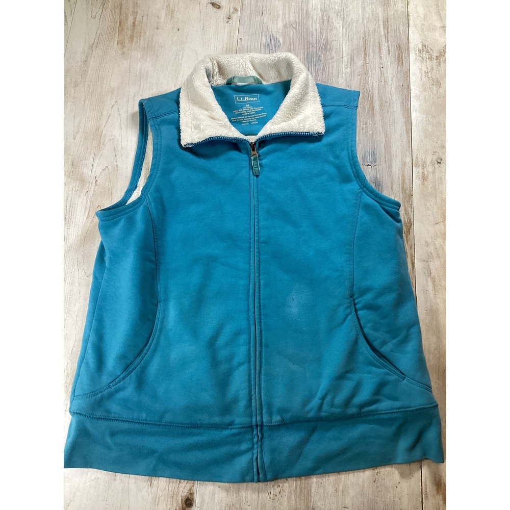 LL Bean Fleece Lined Vest Womens Medium Blue Full Zip Pockets Sleeveless